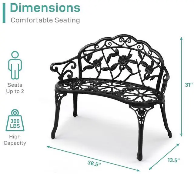Alt view image 3 of 7 - 38.5" Patio Park Garden Outdoor Metal Rose Bench, 2-Person Cast Iron Cast Aluminium Frame Antique Finish Chair,Accented Lawn Front Porch Path Yard Decor Deck Furniture (Black, Rose)