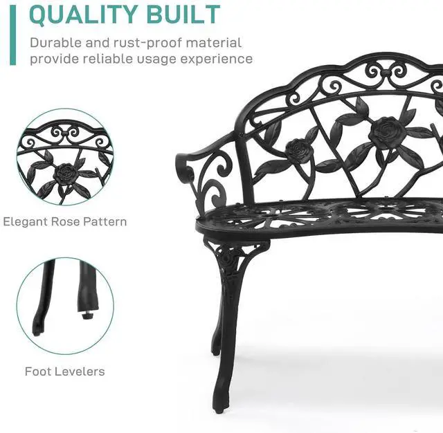 Alt view image 4 of 7 - 38.5" Patio Park Garden Outdoor Metal Rose Bench, 2-Person Cast Iron Cast Aluminium Frame Antique Finish Chair,Accented Lawn Front Porch Path Yard Decor Deck Furniture (Black, Rose)