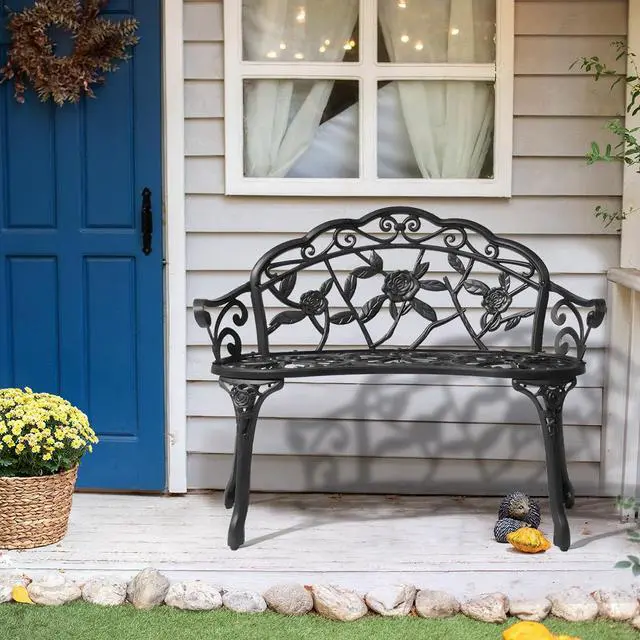 Alt view image 2 of 7 - 38.5" Patio Park Garden Outdoor Metal Rose Bench, 2-Person Cast Iron Cast Aluminium Frame Antique Finish Chair,Accented Lawn Front Porch Path Yard Decor Deck Furniture (Black, Rose)