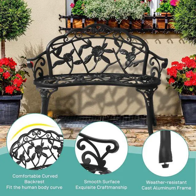 Alt view image 5 of 7 - 38.5" Patio Park Garden Outdoor Metal Rose Bench, 2-Person Cast Iron Cast Aluminium Frame Antique Finish Chair,Accented Lawn Front Porch Path Yard Decor Deck Furniture (Black, Rose)