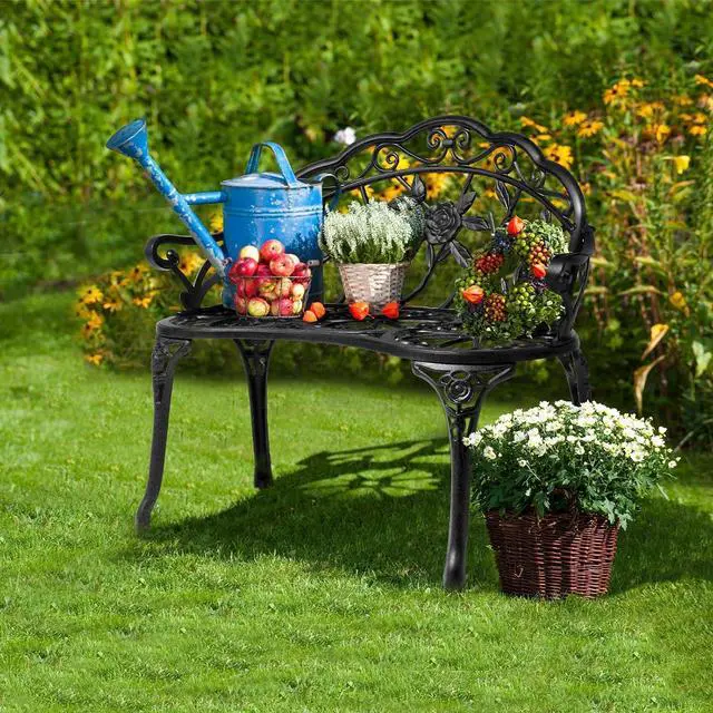 Alt view image 6 of 7 - 38.5" Patio Park Garden Outdoor Metal Rose Bench, 2-Person Cast Iron Cast Aluminium Frame Antique Finish Chair,Accented Lawn Front Porch Path Yard Decor Deck Furniture (Black, Rose)