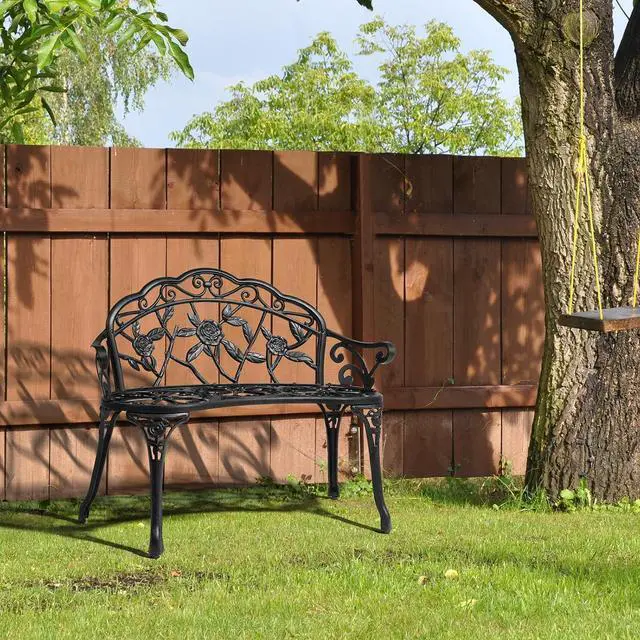 Alt view image 7 of 7 - 38.5" Patio Park Garden Outdoor Metal Rose Bench, 2-Person Cast Iron Cast Aluminium Frame Antique Finish Chair,Accented Lawn Front Porch Path Yard Decor Deck Furniture (Black, Rose)