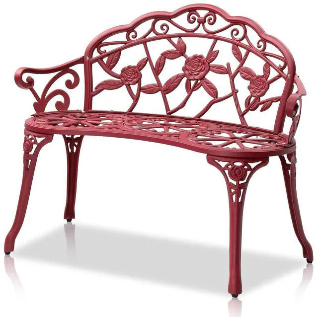 Main image of 38.5" Patio Park Garden Outdoor Metal Rose Bench, 2-Person Cast Iron Cast Aluminium Frame Antique Finish Chair,Accented Lawn Front Porch Path Yard Decor Deck Furniture (Red, Rose)