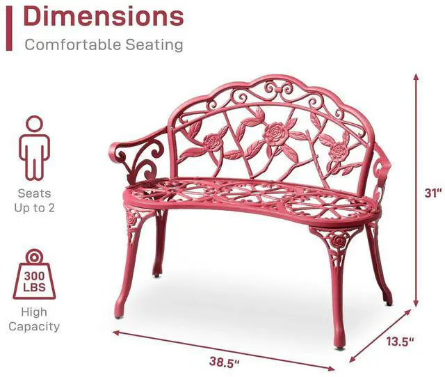 Alt view image 3 of 7 - 38.5" Patio Park Garden Outdoor Metal Rose Bench, 2-Person Cast Iron Cast Aluminium Frame Antique Finish Chair,Accented Lawn Front Porch Path Yard Decor Deck Furniture (Red, Rose)