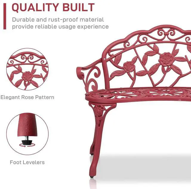 Alt view image 5 of 7 - 38.5" Patio Park Garden Outdoor Metal Rose Bench, 2-Person Cast Iron Cast Aluminium Frame Antique Finish Chair,Accented Lawn Front Porch Path Yard Decor Deck Furniture (Red, Rose)
