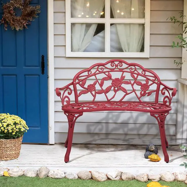 Alt view image 7 of 7 - 38.5" Patio Park Garden Outdoor Metal Rose Bench, 2-Person Cast Iron Cast Aluminium Frame Antique Finish Chair,Accented Lawn Front Porch Path Yard Decor Deck Furniture (Red, Rose)
