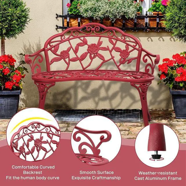 Alt view image 4 of 7 - 38.5" Patio Park Garden Outdoor Metal Rose Bench, 2-Person Cast Iron Cast Aluminium Frame Antique Finish Chair,Accented Lawn Front Porch Path Yard Decor Deck Furniture (Red, Rose)