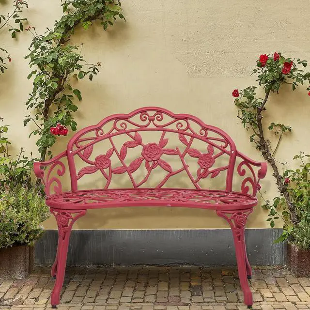 Alt view image 6 of 7 - 38.5" Patio Park Garden Outdoor Metal Rose Bench, 2-Person Cast Iron Cast Aluminium Frame Antique Finish Chair,Accented Lawn Front Porch Path Yard Decor Deck Furniture (Red, Rose)