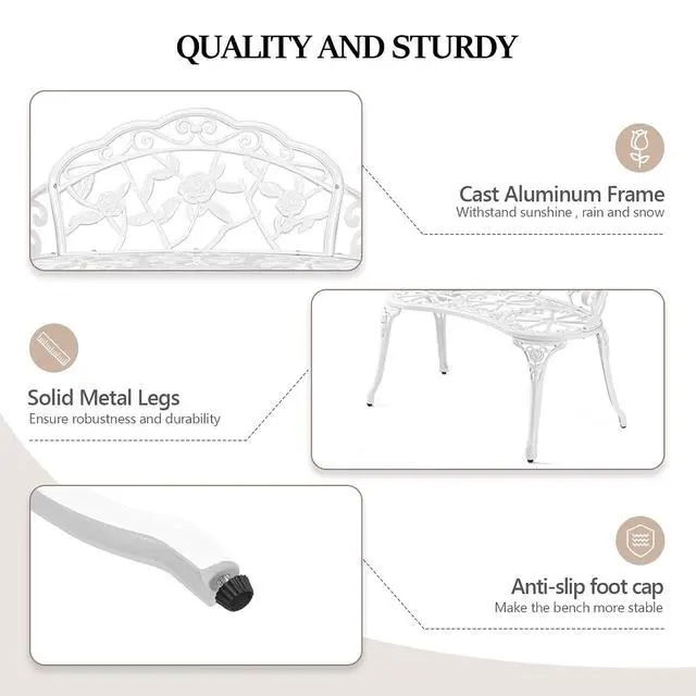 Alt view image 5 of 7 - 38.5" Patio Park Garden Outdoor Metal Rose Bench, 2-Person Cast Iron Cast Aluminium Frame Antique Finish Chair,Accented Lawn Front Porch Path Yard Decor Deck Furniture (White, Rose)