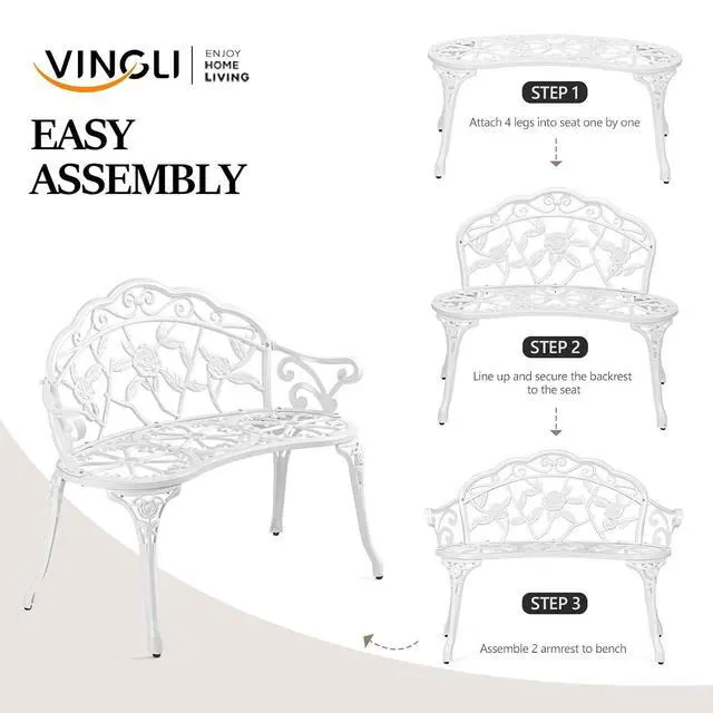 Alt view image 6 of 7 - 38.5" Patio Park Garden Outdoor Metal Rose Bench, 2-Person Cast Iron Cast Aluminium Frame Antique Finish Chair,Accented Lawn Front Porch Path Yard Decor Deck Furniture (White, Rose)
