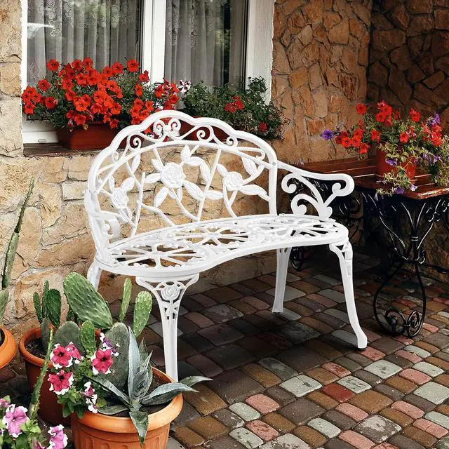 Alt view image 7 of 7 - 38.5" Patio Park Garden Outdoor Metal Rose Bench, 2-Person Cast Iron Cast Aluminium Frame Antique Finish Chair,Accented Lawn Front Porch Path Yard Decor Deck Furniture (White, Rose)
