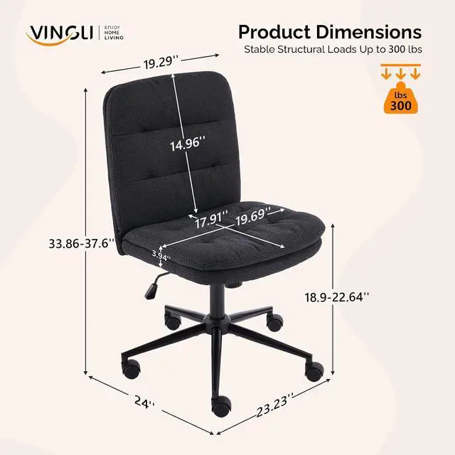 Alt view image 2 of 7 - Mid Back Armless Office Desk Chair with Wheels/no Wheels,360°Rocking Swivel Vanity Chair with Thickened Cushion,Adjustable Height Rolling for Reading Room, Make up, Linen Black