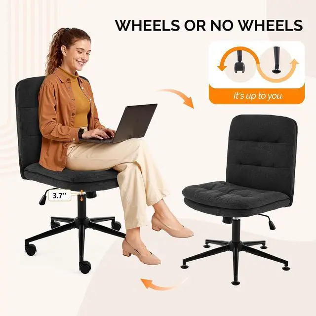 Alt view image 3 of 7 - Mid Back Armless Office Desk Chair with Wheels/no Wheels,360°Rocking Swivel Vanity Chair with Thickened Cushion,Adjustable Height Rolling for Reading Room, Make up, Linen Black