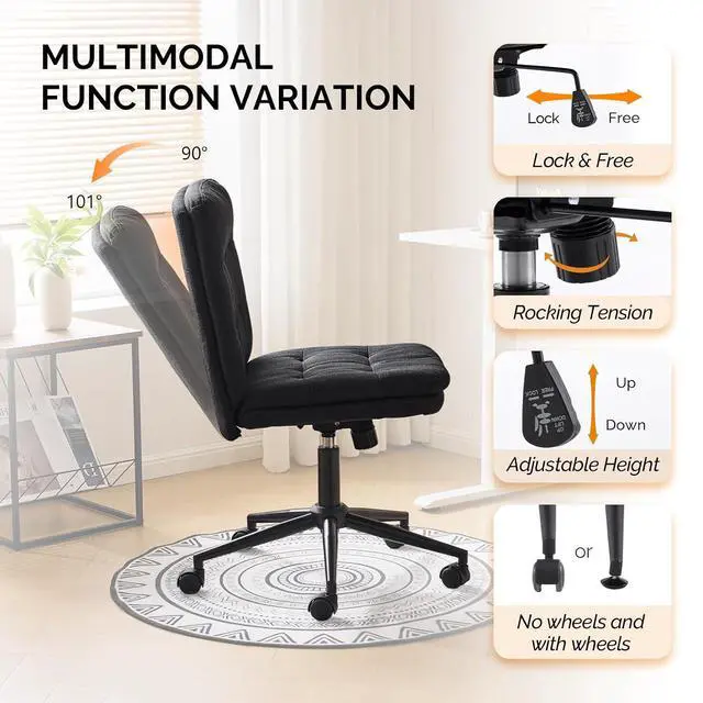 Alt view image 4 of 7 - Mid Back Armless Office Desk Chair with Wheels/no Wheels,360°Rocking Swivel Vanity Chair with Thickened Cushion,Adjustable Height Rolling for Reading Room, Make up, Linen Black