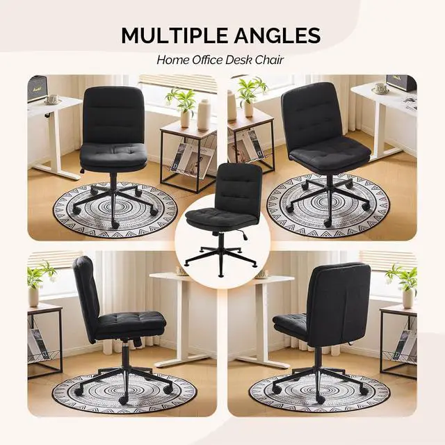 Alt view image 5 of 7 - Mid Back Armless Office Desk Chair with Wheels/no Wheels,360°Rocking Swivel Vanity Chair with Thickened Cushion,Adjustable Height Rolling for Reading Room, Make up, Linen Black