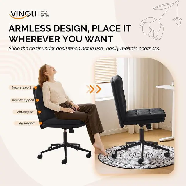 Alt view image 7 of 7 - Mid Back Armless Office Desk Chair with Wheels/no Wheels,360°Rocking Swivel Vanity Chair with Thickened Cushion,Adjustable Height Rolling for Reading Room, Make up, Linen Black