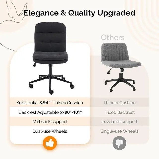 Alt view image 6 of 7 - Mid Back Armless Office Desk Chair with Wheels/no Wheels,360°Rocking Swivel Vanity Chair with Thickened Cushion,Adjustable Height Rolling for Reading Room, Make up, Linen Black