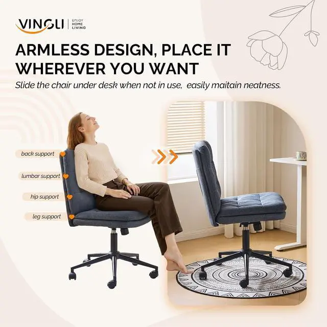 Alt view image 7 of 7 - Mid Back Armless Office Desk Chair with Wheels/no Wheels,360°Rocking Swivel Vanity Chair with Thickened Cushion,Adjustable Height Rolling for Reading Room, Make up, Linen Navy Blue