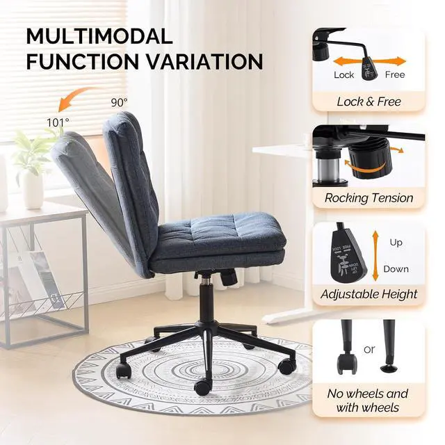 Alt view image 5 of 7 - Mid Back Armless Office Desk Chair with Wheels/no Wheels,360°Rocking Swivel Vanity Chair with Thickened Cushion,Adjustable Height Rolling for Reading Room, Make up, Linen Navy Blue