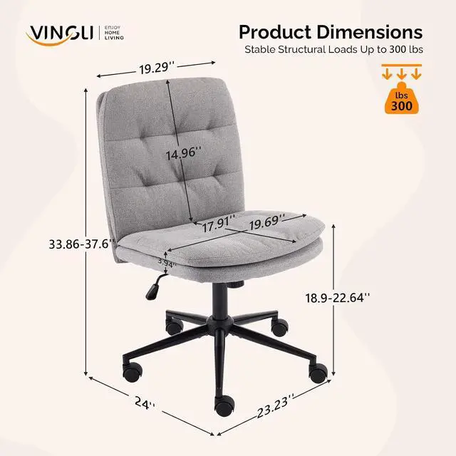 Alt view image 2 of 7 - Mid Back Armless Office Desk Chair with Wheels/no Wheels,360°Rocking Swivel Vanity Chair with Thickened Cushion,Adjustable Height Rolling for Reading Room, Make up, Linen Dark Grey