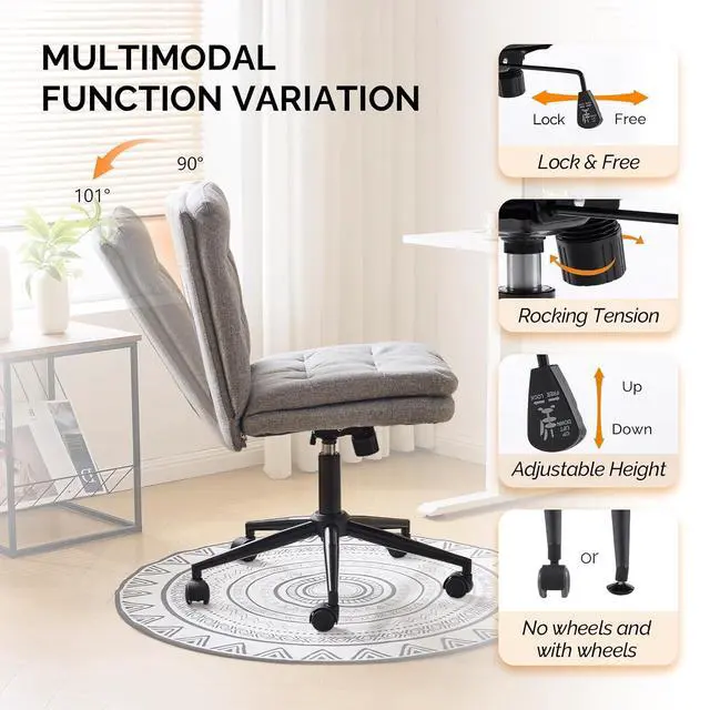 Alt view image 3 of 7 - Mid Back Armless Office Desk Chair with Wheels/no Wheels,360°Rocking Swivel Vanity Chair with Thickened Cushion,Adjustable Height Rolling for Reading Room, Make up, Linen Dark Grey