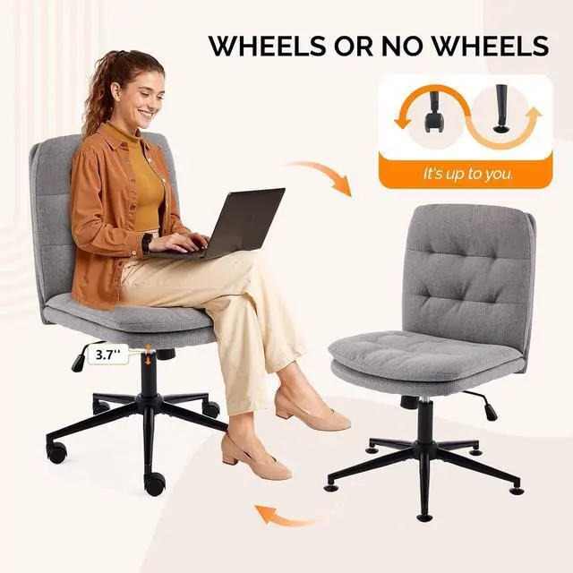Alt view image 4 of 7 - Mid Back Armless Office Desk Chair with Wheels/no Wheels,360°Rocking Swivel Vanity Chair with Thickened Cushion,Adjustable Height Rolling for Reading Room, Make up, Linen Dark Grey
