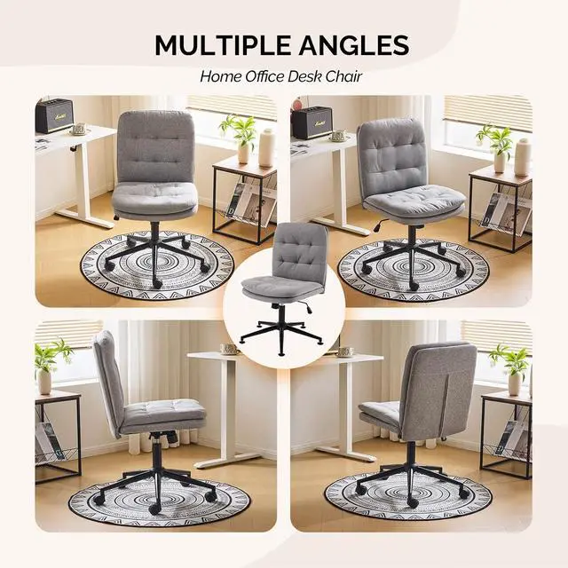 Alt view image 5 of 7 - Mid Back Armless Office Desk Chair with Wheels/no Wheels,360°Rocking Swivel Vanity Chair with Thickened Cushion,Adjustable Height Rolling for Reading Room, Make up, Linen Dark Grey