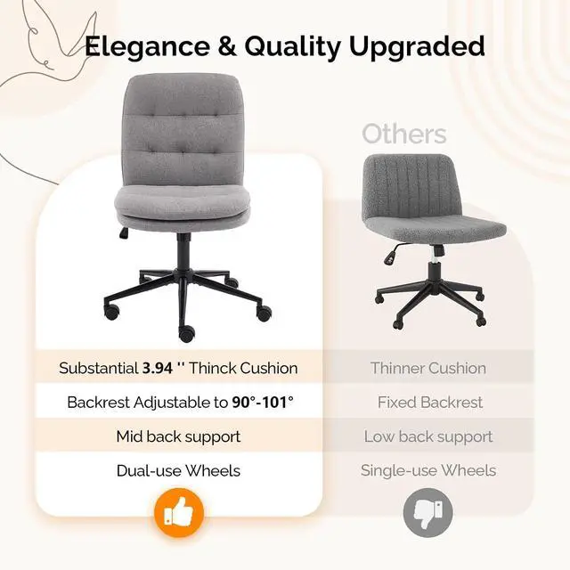 Alt view image 6 of 7 - Mid Back Armless Office Desk Chair with Wheels/no Wheels,360°Rocking Swivel Vanity Chair with Thickened Cushion,Adjustable Height Rolling for Reading Room, Make up, Linen Dark Grey