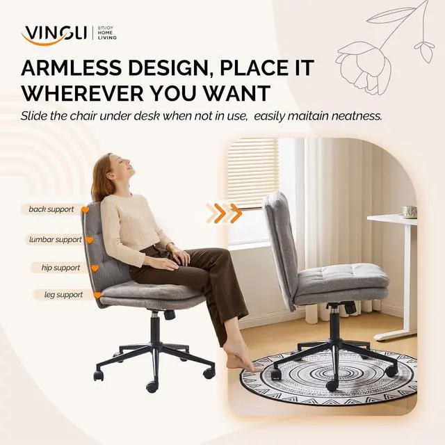 Alt view image 7 of 7 - Mid Back Armless Office Desk Chair with Wheels/no Wheels,360°Rocking Swivel Vanity Chair with Thickened Cushion,Adjustable Height Rolling for Reading Room, Make up, Linen Dark Grey
