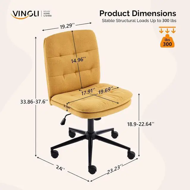 Alt view image 2 of 7 - Mid Back Armless Office Desk Chair with Wheels/no Wheels,360°Rocking Swivel Vanity Chair with Thickened Cushion,Adjustable Height Rolling for Reading Room, Make up, Linen Ginger Yellow