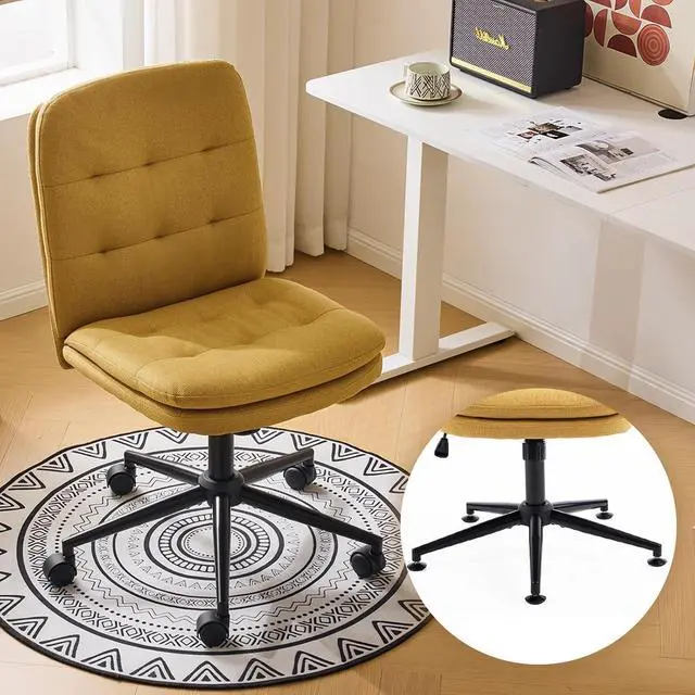 Main image of Mid Back Armless Office Desk Chair with Wheels/no Wheels,360°Rocking Swivel Vanity Chair with Thickened Cushion,Adjustable Height Rolling for Reading Room, Make up, Linen Ginger Yellow