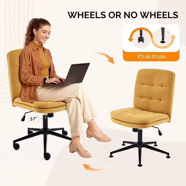 Alt view image 3 of 7 - Mid Back Armless Office Desk Chair with Wheels/no Wheels,360°Rocking Swivel Vanity Chair with Thickened Cushion,Adjustable Height Rolling for Reading Room, Make up, Linen Ginger Yellow