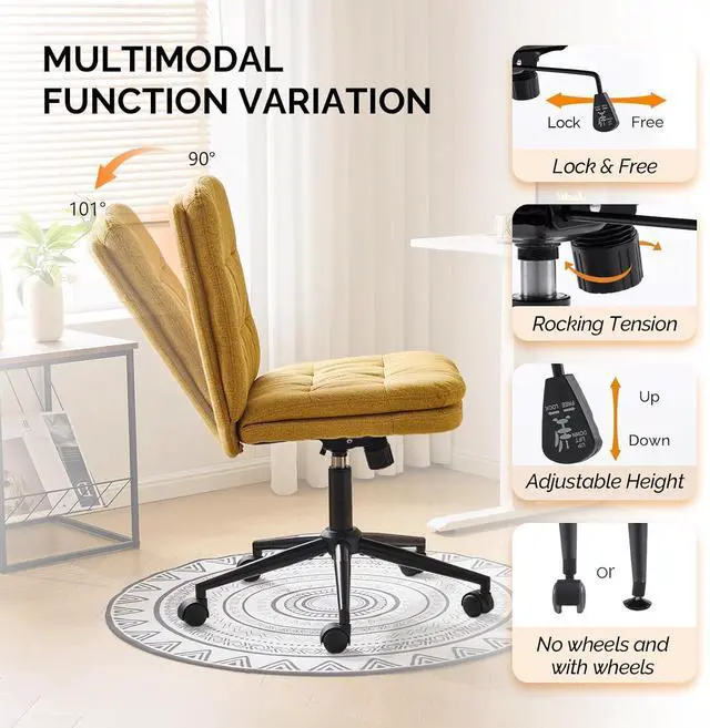 Alt view image 4 of 7 - Mid Back Armless Office Desk Chair with Wheels/no Wheels,360°Rocking Swivel Vanity Chair with Thickened Cushion,Adjustable Height Rolling for Reading Room, Make up, Linen Ginger Yellow