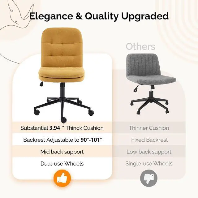 Alt view image 6 of 7 - Mid Back Armless Office Desk Chair with Wheels/no Wheels,360°Rocking Swivel Vanity Chair with Thickened Cushion,Adjustable Height Rolling for Reading Room, Make up, Linen Ginger Yellow