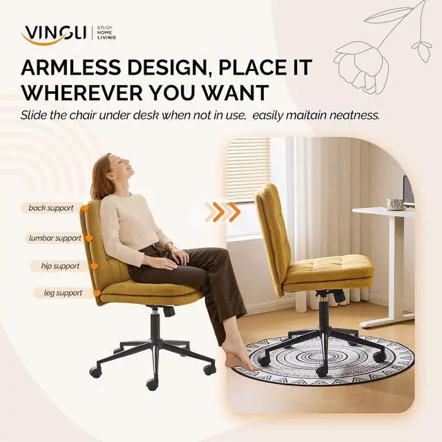 Alt view image 7 of 7 - Mid Back Armless Office Desk Chair with Wheels/no Wheels,360°Rocking Swivel Vanity Chair with Thickened Cushion,Adjustable Height Rolling for Reading Room, Make up, Linen Ginger Yellow