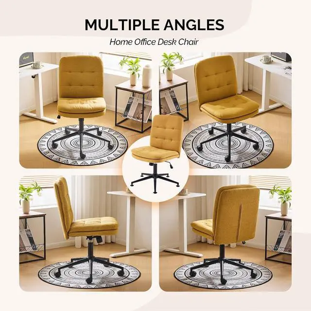Alt view image 5 of 7 - Mid Back Armless Office Desk Chair with Wheels/no Wheels,360°Rocking Swivel Vanity Chair with Thickened Cushion,Adjustable Height Rolling for Reading Room, Make up, Linen Ginger Yellow