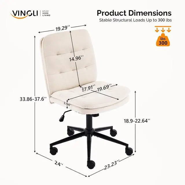 Alt view image 2 of 7 - Mid Back Armless Office Desk Chair with Wheels/no Wheels,360°Rocking Swivel Vanity Chair with Thickened Cushion,Adjustable Height Rolling for Reading Room, Make up,Linen Beige
