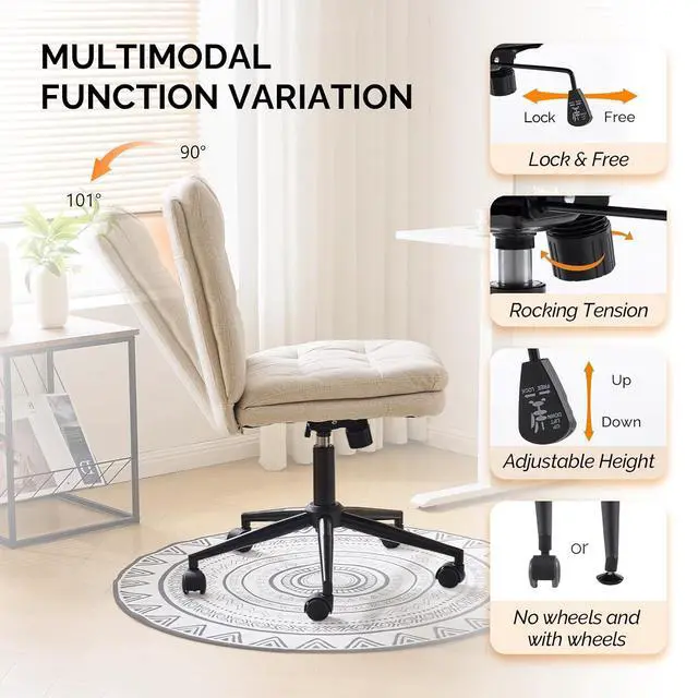 Alt view image 4 of 7 - Mid Back Armless Office Desk Chair with Wheels/no Wheels,360°Rocking Swivel Vanity Chair with Thickened Cushion,Adjustable Height Rolling for Reading Room, Make up,Linen Beige