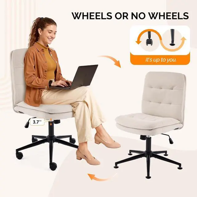 Alt view image 3 of 7 - Mid Back Armless Office Desk Chair with Wheels/no Wheels,360°Rocking Swivel Vanity Chair with Thickened Cushion,Adjustable Height Rolling for Reading Room, Make up,Linen Beige