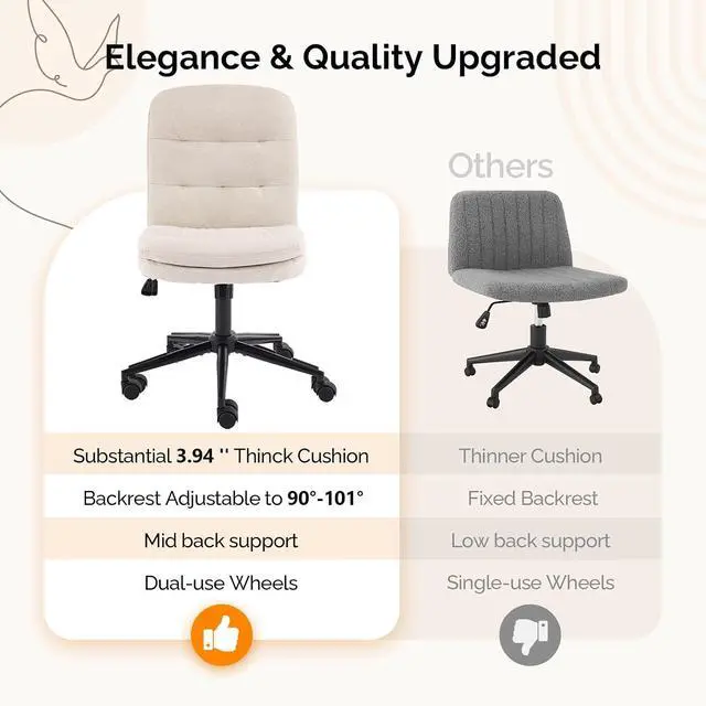 Alt view image 6 of 7 - Mid Back Armless Office Desk Chair with Wheels/no Wheels,360°Rocking Swivel Vanity Chair with Thickened Cushion,Adjustable Height Rolling for Reading Room, Make up,Linen Beige