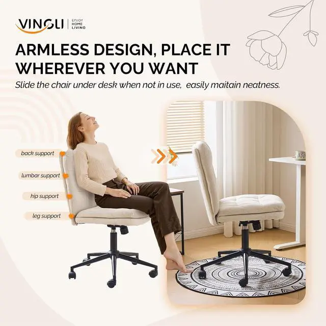 Alt view image 7 of 7 - Mid Back Armless Office Desk Chair with Wheels/no Wheels,360°Rocking Swivel Vanity Chair with Thickened Cushion,Adjustable Height Rolling for Reading Room, Make up,Linen Beige