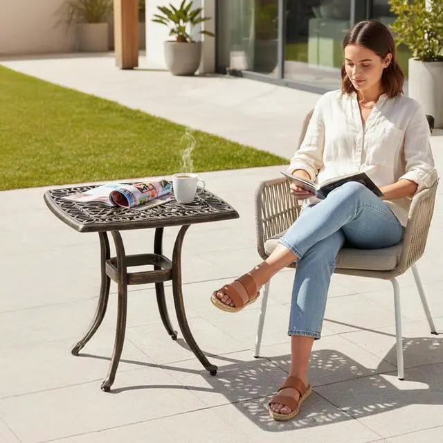 Alt view image 2 of 7 - 21 Outdoor Side Table, Cast Aluminum All-Weather Patio Side Table Small Outdoor Table Bistro Table for Outside, Porch, Balcony, Patio, Bronze