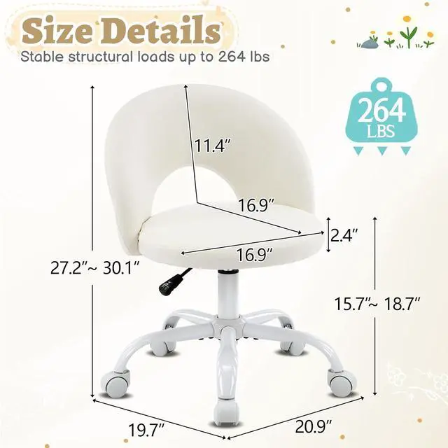 Alt view image 2 of 7 - Small Vanity Chair with Wheels for Girls.Cute Modern Adjustable Height Armless Office Desk Chair.360°Swivel Comfy Rolling Chair for Study, Make up Room,Small Space,Linen White