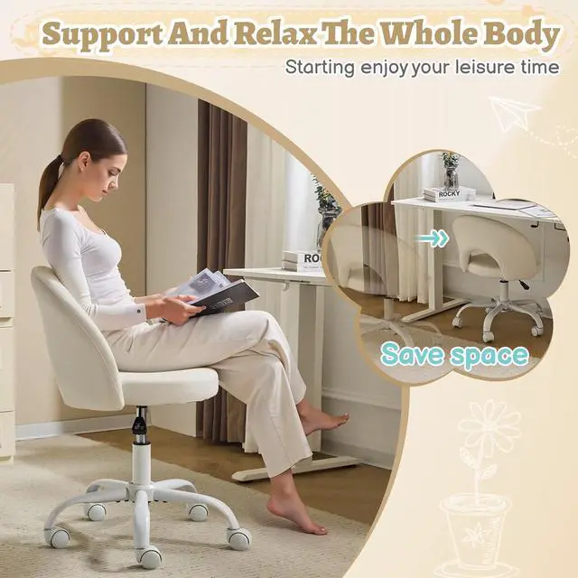 Alt view image 5 of 7 - Small Vanity Chair with Wheels for Girls.Cute Modern Adjustable Height Armless Office Desk Chair.360°Swivel Comfy Rolling Chair for Study, Make up Room,Small Space,Linen White