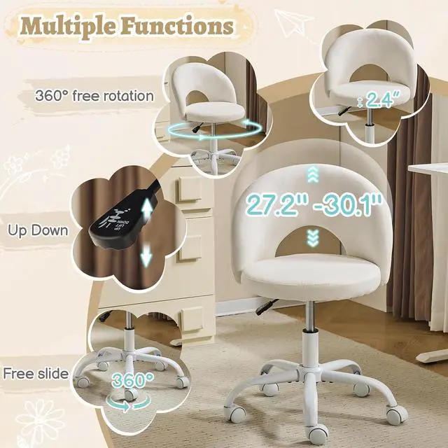 Alt view image 4 of 7 - Small Vanity Chair with Wheels for Girls.Cute Modern Adjustable Height Armless Office Desk Chair.360°Swivel Comfy Rolling Chair for Study, Make up Room,Small Space,Linen White