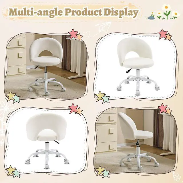 Alt view image 3 of 7 - Small Vanity Chair with Wheels for Girls.Cute Modern Adjustable Height Armless Office Desk Chair.360°Swivel Comfy Rolling Chair for Study, Make up Room,Small Space,Linen White