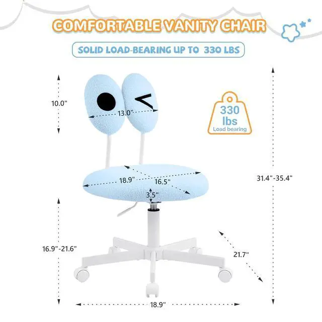 Alt view image 2 of 7 - Cute Fluffy Armless Vanity Chair with Back, Small Teddy Comfy Desk Chair with Wheels for Girls, Height Adjustable Makeup Chair with Cartoon Designs for Kids, Bedroom, Dorm& Living Room,Blue