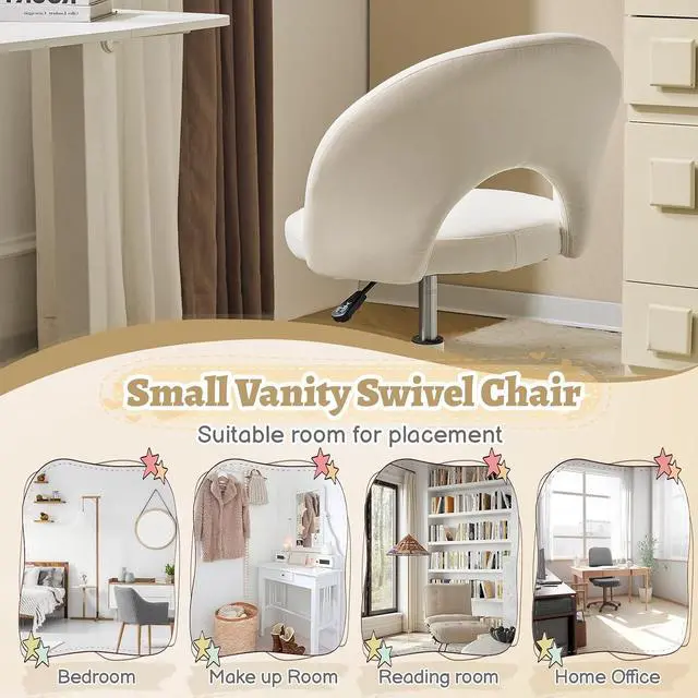Alt view image 7 of 7 - Small Vanity Chair with Wheels for Girls.Cute Modern Adjustable Height Armless Office Desk Chair.360°Swivel Comfy Rolling Chair for Study, Make up Room,Small Space,Linen White