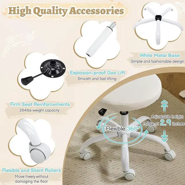 Alt view image 6 of 7 - Small Vanity Chair with Wheels for Girls.Cute Modern Adjustable Height Armless Office Desk Chair.360°Swivel Comfy Rolling Chair for Study, Make up Room,Small Space,Linen White