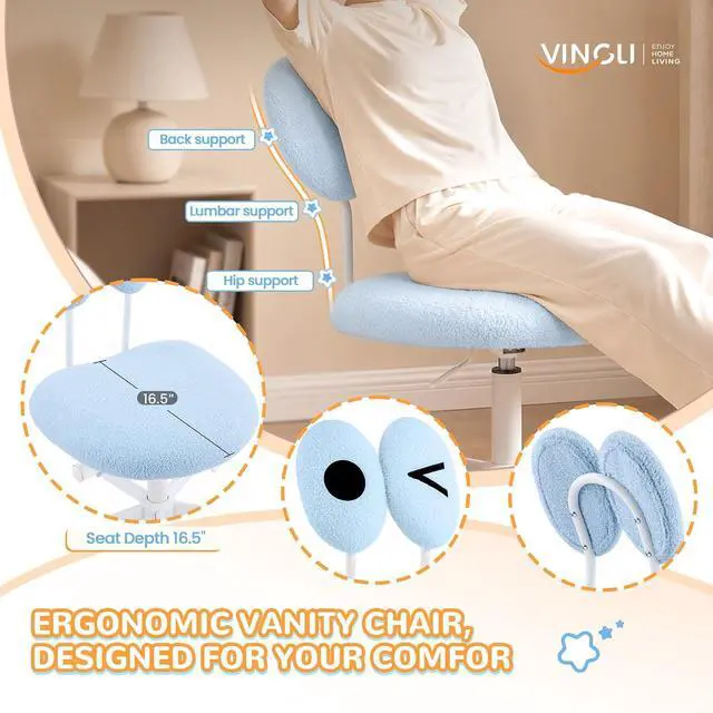 Alt view image 3 of 7 - Cute Fluffy Armless Vanity Chair with Back, Small Teddy Comfy Desk Chair with Wheels for Girls, Height Adjustable Makeup Chair with Cartoon Designs for Kids, Bedroom, Dorm& Living Room,Blue